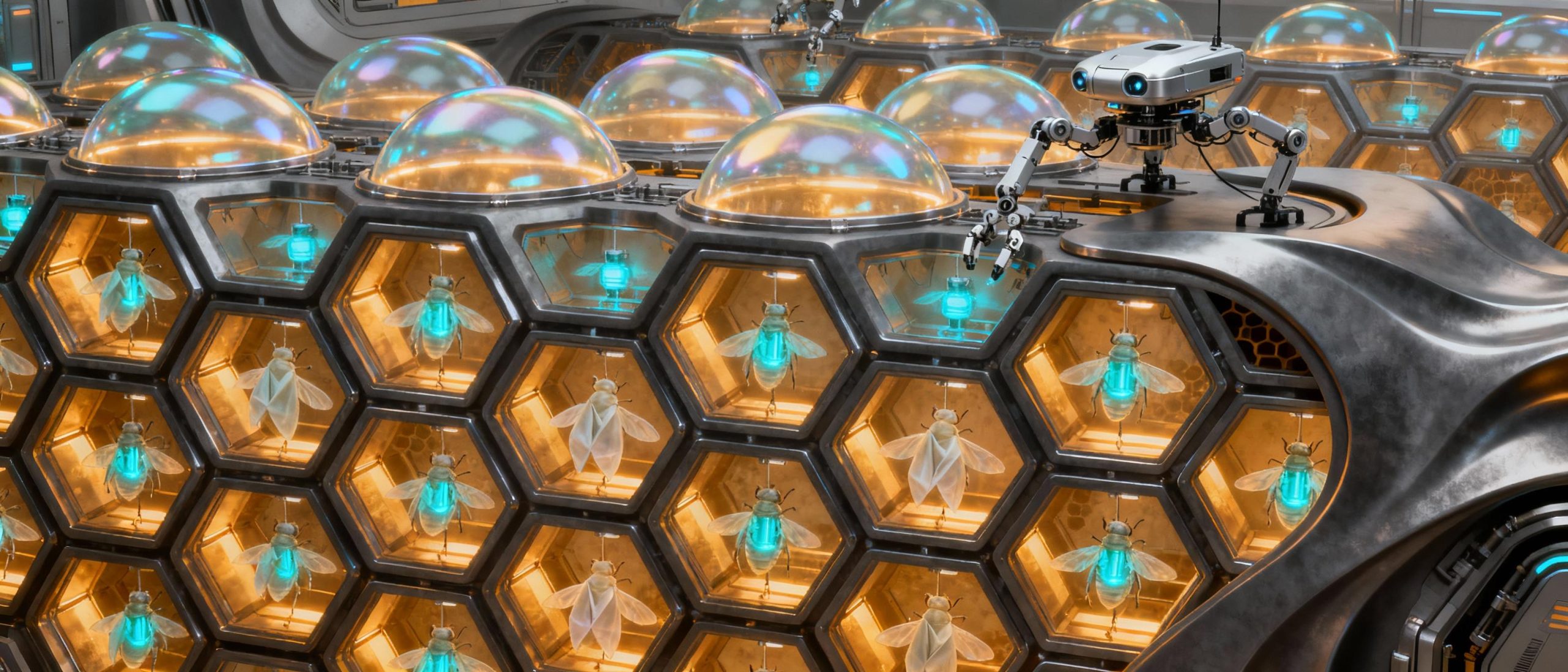 A cross-sectional view of a gamma-ray hive sterilization chamber showcasing modular hexagonal cells. Each cell contains glowing gamma emitters surrounded by bioengineered insects in suspended animation. The structure combines organic curves with metallic alloys, illuminated by ambient amber safety lighting. Transparent bio-domes reveal robotic maintenance drones performing system checks.