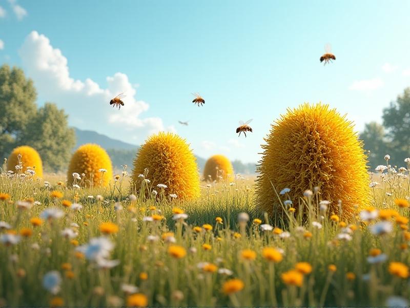 A vibrant meadow scene with mycelium-based hives placed among native grasses and wildflowers. Bees hover near the hives under a clear blue sky, with the mycelium’s neutral tones blending into the natural landscape. The image conveys biodiversity and low-impact design.