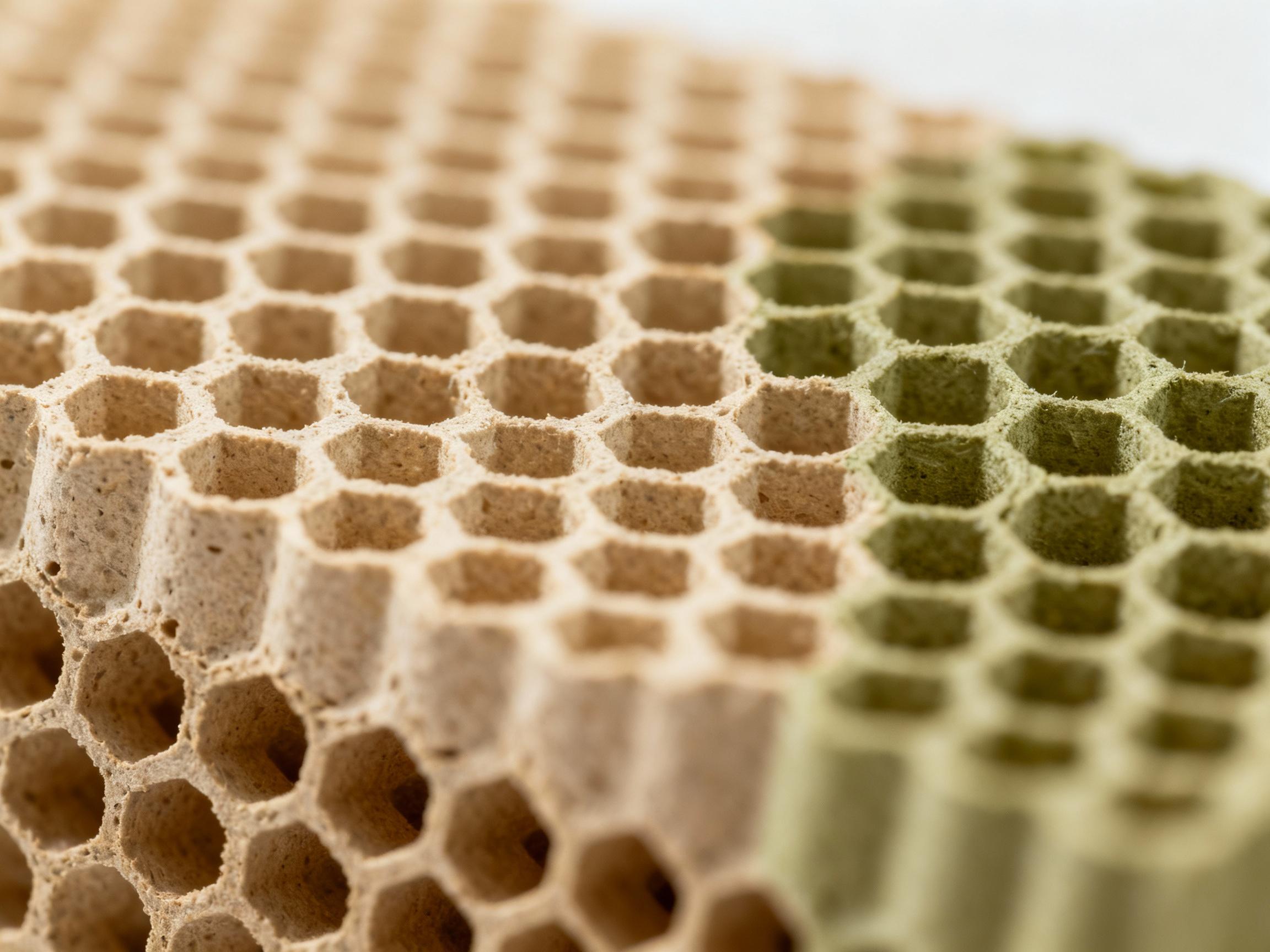 A macro photograph of a biodegradable bee barrier textured with intricate hexagonal patterns, resembling honeycomb structures. The material has a matte, organic finish in earthy tones, lit with diffused daylight to highlight its porous, eco-friendly design and compatibility with natural habitats.