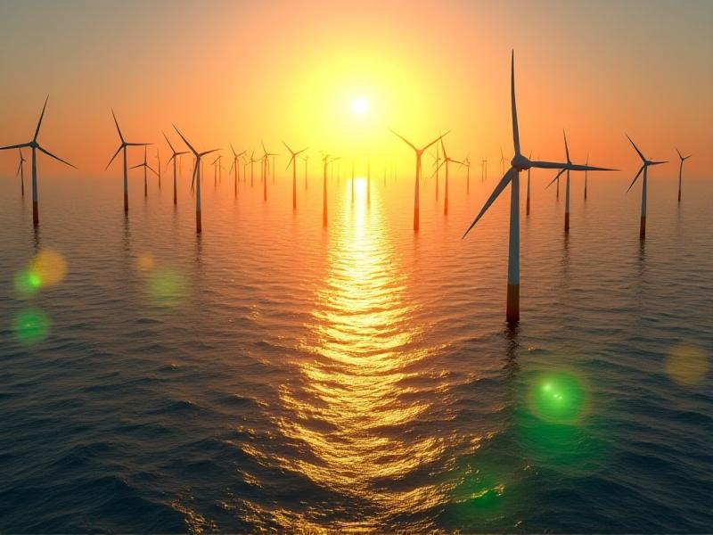 A panoramic view of an offshore wind farm at sunset, with a swarm of drones equipped with acoustic sensors flying around turbine blades. Golden sunlight reflects on the ocean surface, while sensor data overlays show pressure gradients in translucent green and yellow layers. The style blends realism with futuristic elements, evoking harmony between technology and nature.