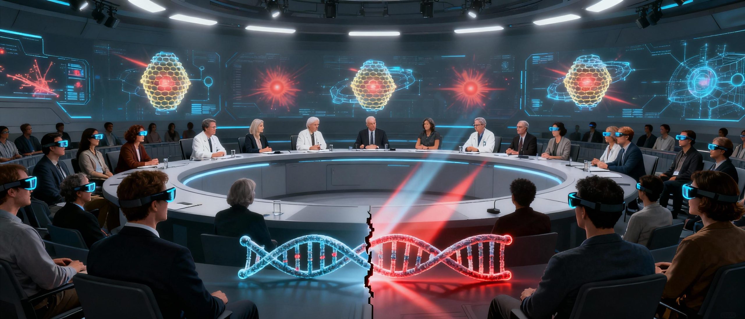 A diverse panel of scientists and ethicists debating in a circular auditorium with holographic projections of gamma-ray hives. The foreground shows a 3D DNA helix being split by radiation beams, while audience members view impact simulations on augmented reality glasses. Moody overhead lighting creates a tense, contemplative atmosphere.