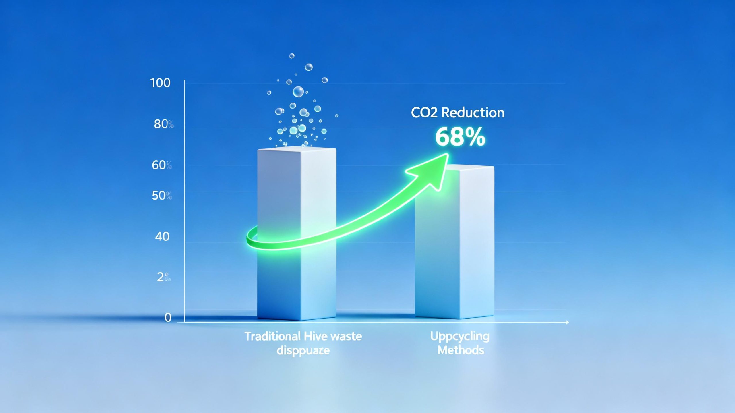 A 3D animated bar graph comparing CO2 emissions from traditional hive waste disposal versus upcycling methods, with glowing green arrows showing 68% reduction. Minimalist infographic style with floating particles representing metric tons against a gradient blue background.