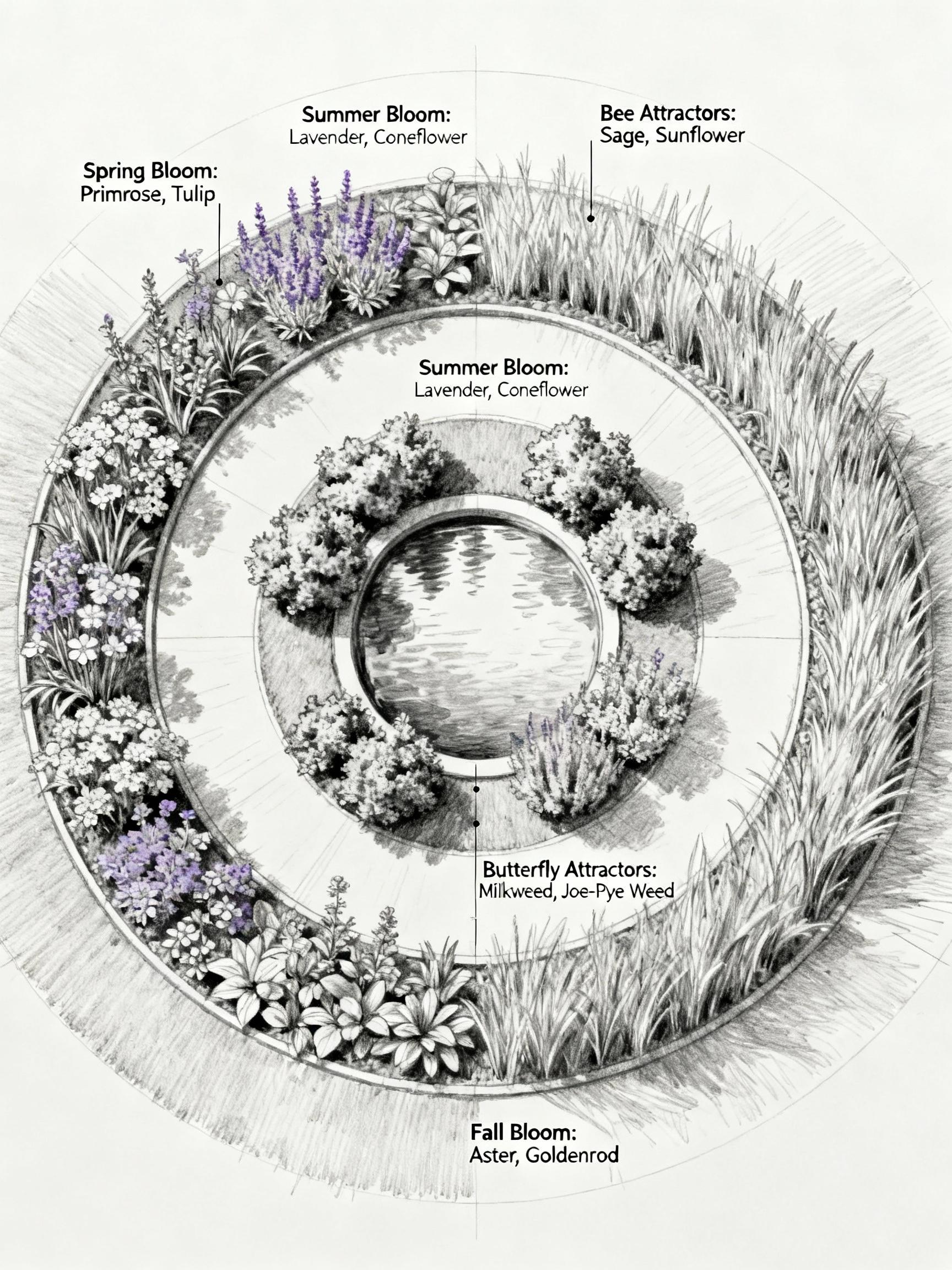 An annotated landscape architect sketch showing concentric planting zones around a central water feature, with labels indicating seasonal bloom sequences and pollinator-specific plant groupings.