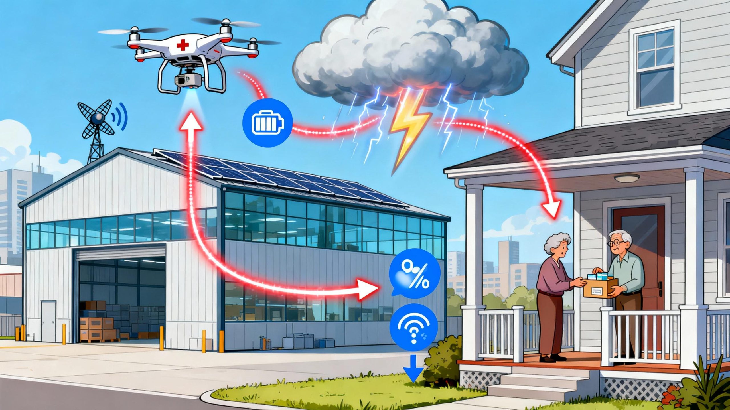 A detailed diagram-style illustration showing a medical drone's journey from a modern urban warehouse with glass windows and solar panels to a suburban home. The drone ascends vertically, avoids a thunderstorm cloud using a glowing reddetour path, and descends toward a porch where a senior citizen receives a medication package. Arrows indicate the drone's route, with icons representing GPS signals, battery levels, and weather updates.