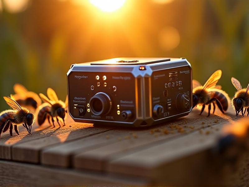 A high-tech beehive equipped with IoT sensors and a camera module, surrounded by honeybees. The sensors have metallic finishes and LED indicators, set against a rustic wooden hive structure. Morning light creates a golden-hour glow, blending nature and technology harmoniously.