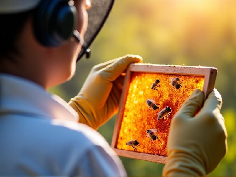 A beekeeper with gloves using a headset microphone to inspect a honeycomb frame, with bees hovering nearby. The image has a shallow depth of field, highlighting the bees’ delicate wings and golden honey. The style is vibrant and lifelike, conveying the practicality of hands-free technology in a dynamic environment.