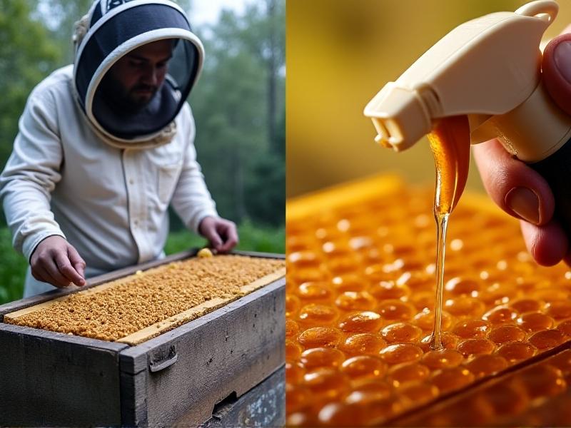 Side-by-side comparison showing: left, beekeeper using smoker on weathered hive with visible propolis stains; right, chemical spray bottle dripping liquid on honeycomb, muted tones highlighting environmental concerns. Keywords: beekeeping chemicals, pest control risks