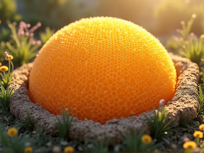 A 3D-rendered conceptual design of a hexagonal beehive structure embedded in a mycelium base, surrounded by wildflowers and dappled sunlight. The earthy tones of the mycelium contrast with the golden honeycomb, evoking harmony between organic materials and functional design.