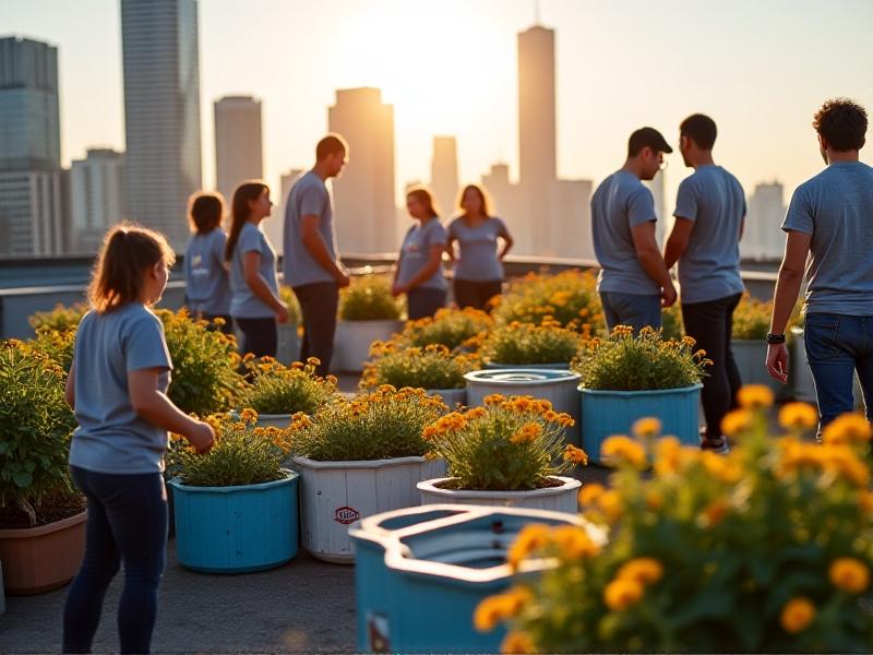A bustling city rooftop with modular recycled plastic hives arranged in hexagonal patterns. The skyline of downtown Chicago appears in soft focus behind vibrant wildflower planters. Diverse volunteers in casual attire deposit cleaned plastic containers into a collection bin labeled 'Hives for Humanity.' Late afternoon light creates warm tones, symbolizing community-driven sustainability.