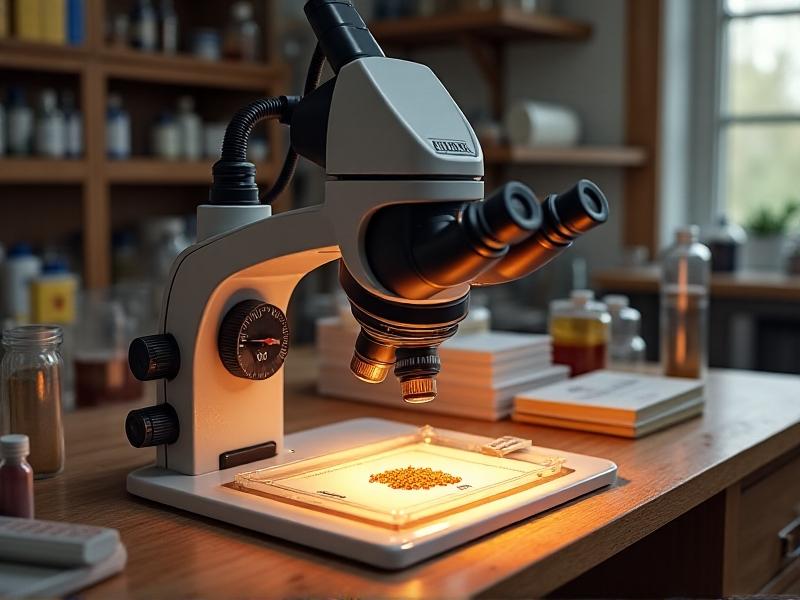 A traditional laboratory setup with a high-powered microscope examining a Nosema spore sample on a glass slide. Countertop cluttered with petri dishes, staining kits, and scientific journals. Style: realistic 3D rendering with warm overhead lighting, neutral lab tones, and intricate textures on equipment surfaces.