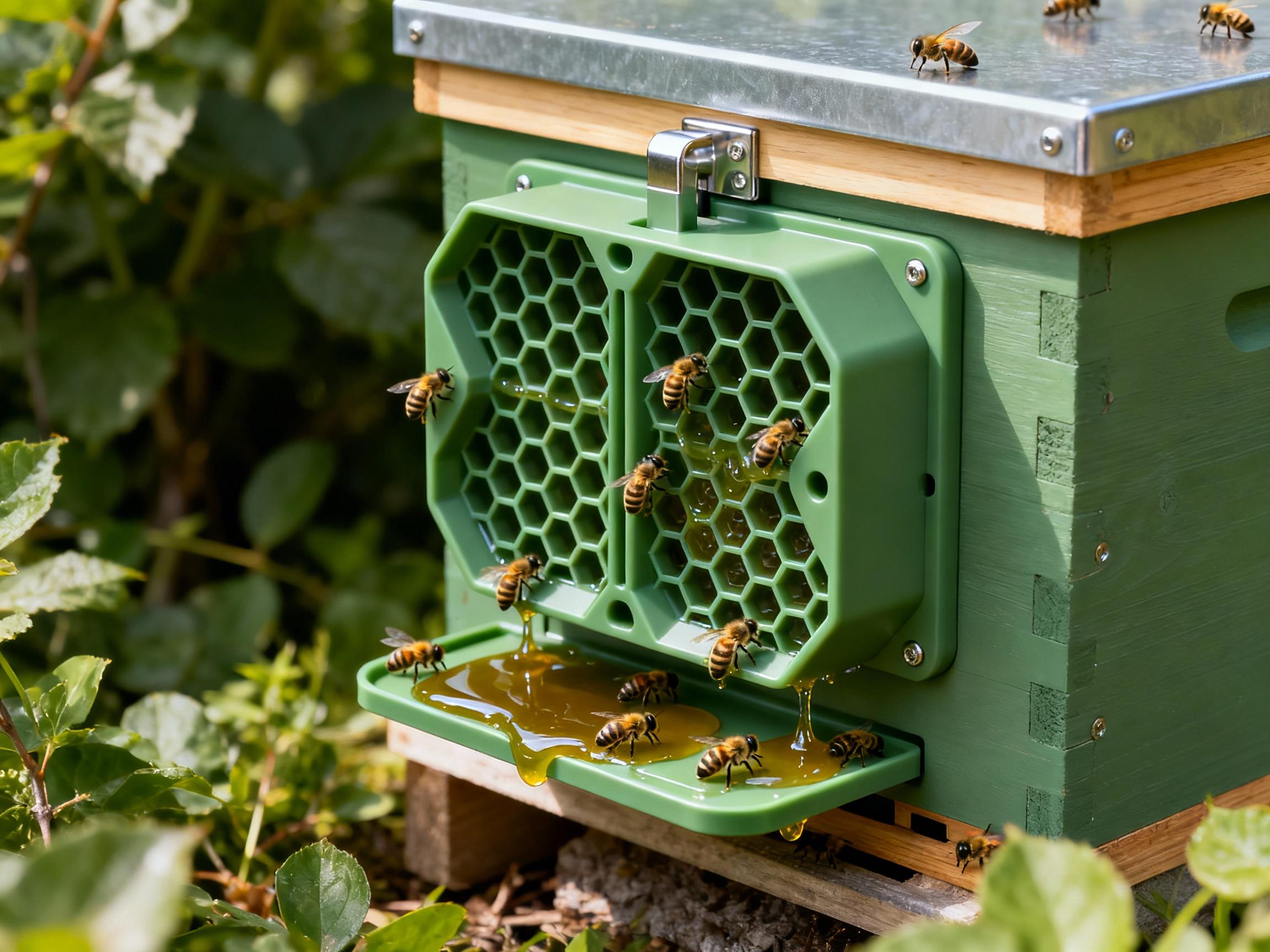 A modular propolis trap with hexagonal grid patterns, mounted on a sleek, modern beehive. Bees crawl over the green biodegradable plastic structure, depositing glossy resin. Lush greenery surrounds the hive, symbolizing harmony between technology and nature.