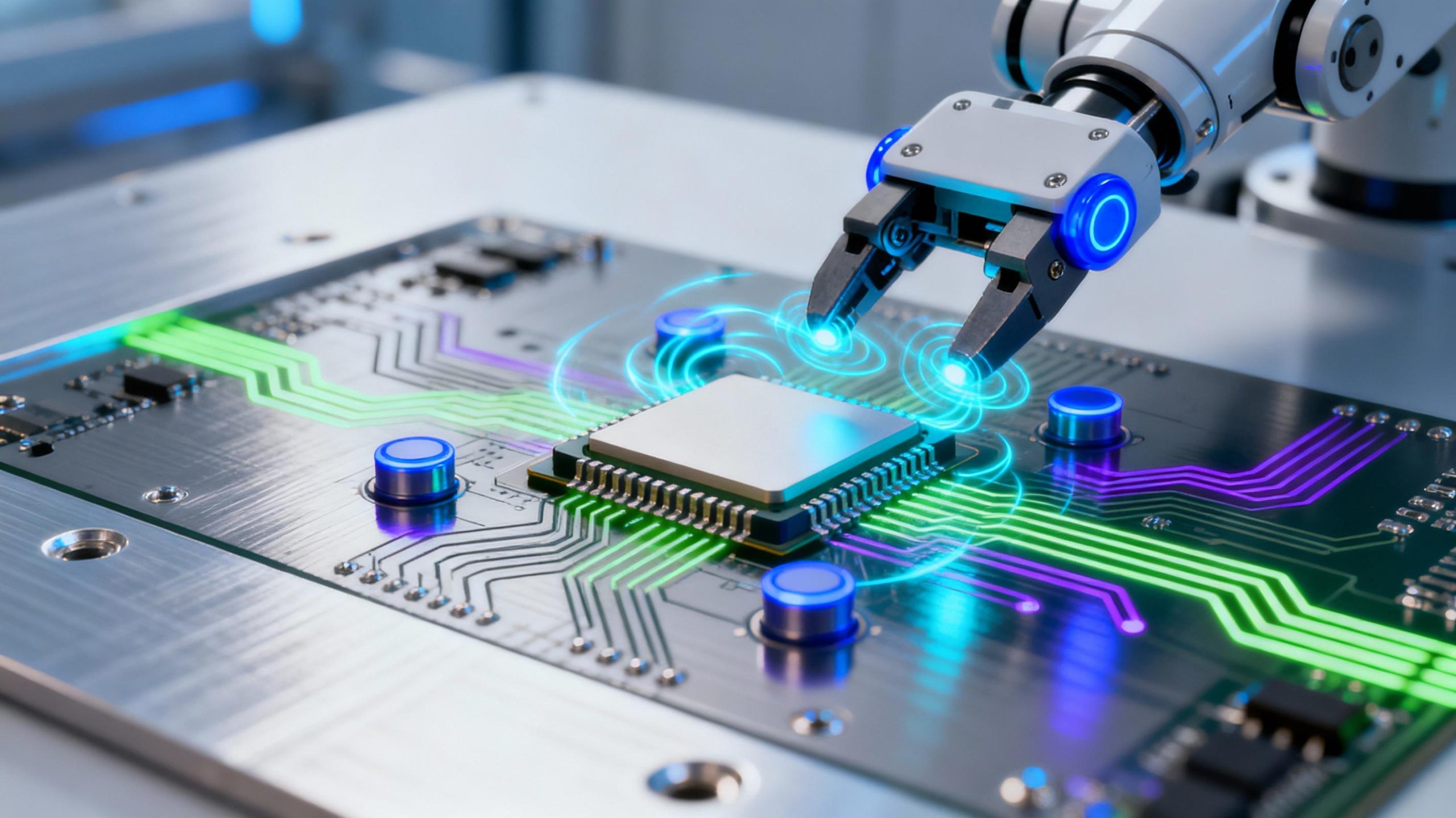 Close-up of a robotic arm using magnetic alignment to position a microchip on a circuit board. The image highlights glowing magnetic sensors and shimmering force fields around the gripper. Cool-toned lighting with a futuristic, tech-inspired color palette, rendered in hyper-realistic detail.