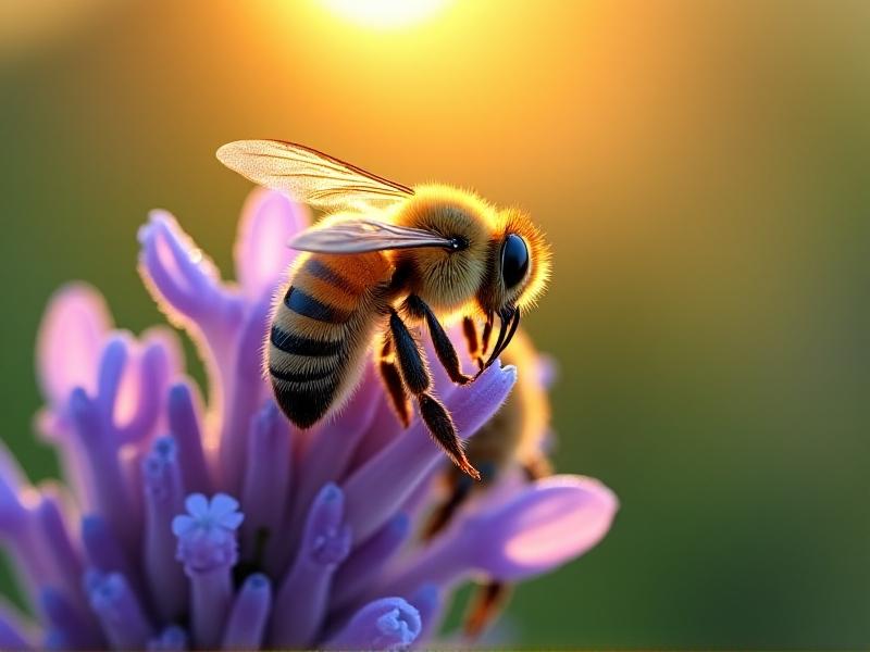 A macro photograph of honeybees gathering pollen on sunlit lavender flowers, with a hive painted in earthy green algae-based paint visible in the background. The bees’ wings glisten with dew, capturing the vitality of a toxin-free environment.