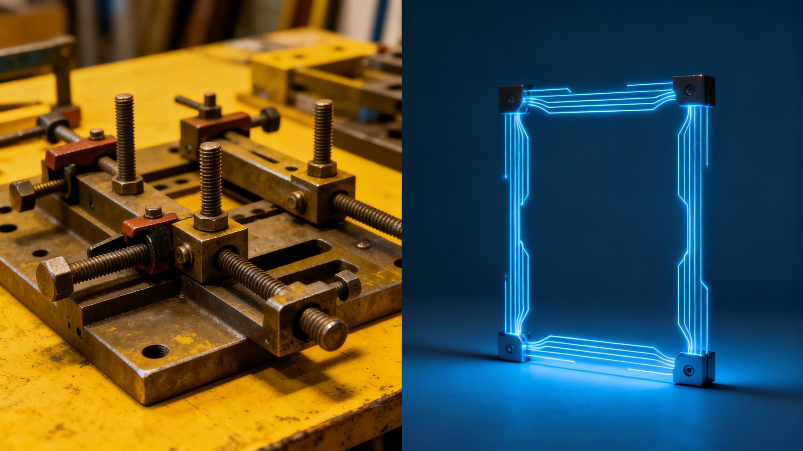 Split-image comparison: Left side shows a cluttered mechanical alignment jig with bolts and clamps; right side features a minimalist magnetic frame with glowing field lines. Warm yellow tones for traditional tools vs. cool blues for magnetic tech, symbolizing innovation.