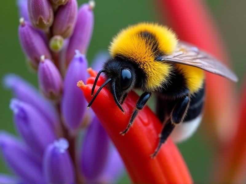 A macro photograph of a bumblebee covered in yellow pollen while landing on a bright red tubular honeysuckle blossom. Dewdrops glisten on adjacent purple salvia flowers, with soft bokeh highlighting texture in the bee’s fur and flower stamens.