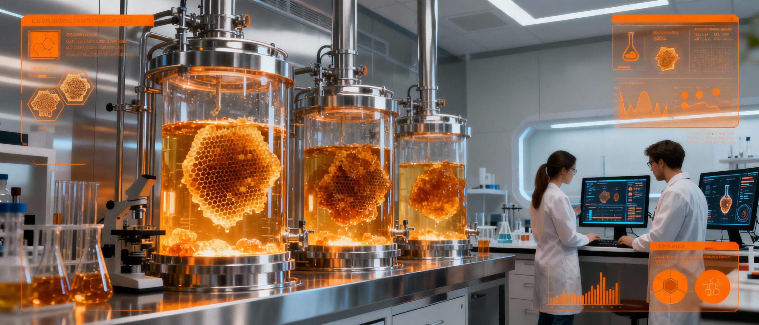 A high-tech laboratory setup with stainless steel bioreactors processing glowing amber hive debris into liquid extracts, surrounded by technicians analyzing data on digital screens. Clean futuristic aesthetic with metallic surfaces and vibrant orange scientific infographics overlay.