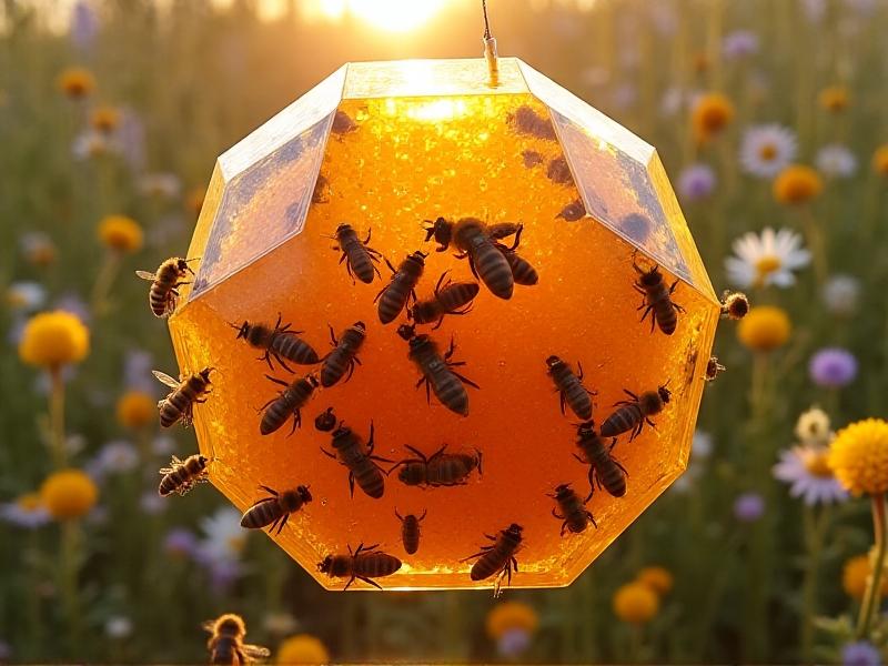 A thriving bee colony inside a translucent geodesic hive, with sunlight illuminating honey-filled hexagonal wax cells. Worker bees cluster around the central comb, while others hover near the apex vent. The hive’s acrylic panels reveal a golden-hued interior against a backdrop of wildflowers.