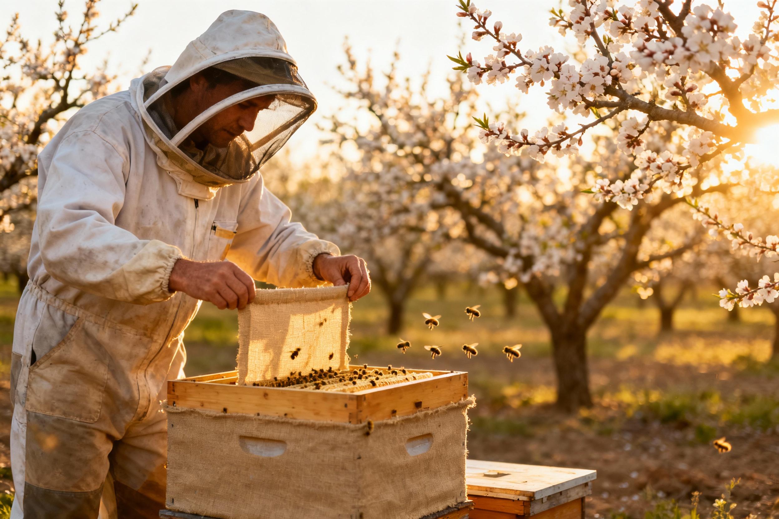 A beekeeper in protective gear inspects a hive fitted with a biodegradable barrier in a sunlit orchard. The image captures golden hour lighting, with blooming almond trees in the background and bees hovering gently around the hive, symbolizing collaboration between agriculture and ecology.
