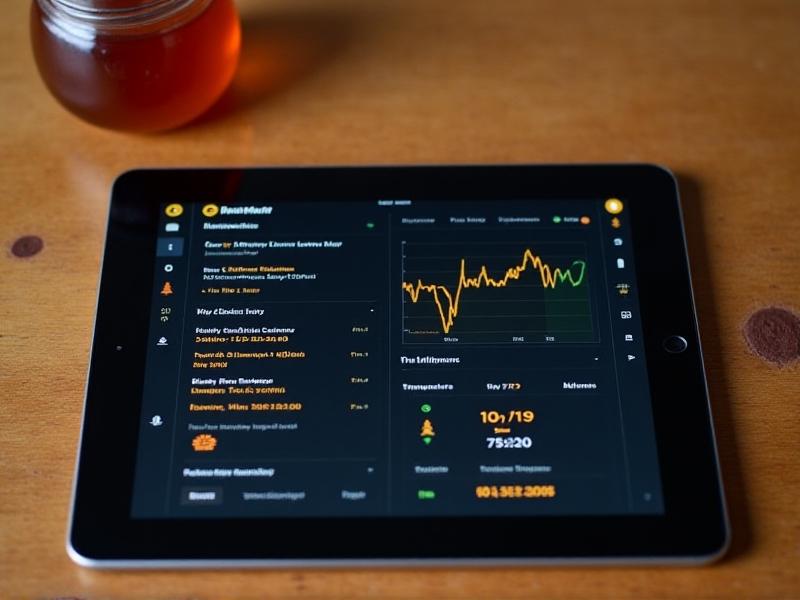 A digital dashboard on a tablet displays real-time RFID access logs, hive temperature data, and honey production metrics. The screen glows with orange and green graphs against a dark interface, positioned on a rustic wooden table beside a jar of golden honey.
