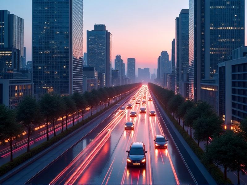 A futuristic cityscape at dusk where autonomous vehicles flow like glowing schools of fish around smart buildings, their movement patterns visualized as pulsating light trails. The scene balances utopian urban design with grounded technological realism, showcasing swarm algorithms in civic infrastructure.