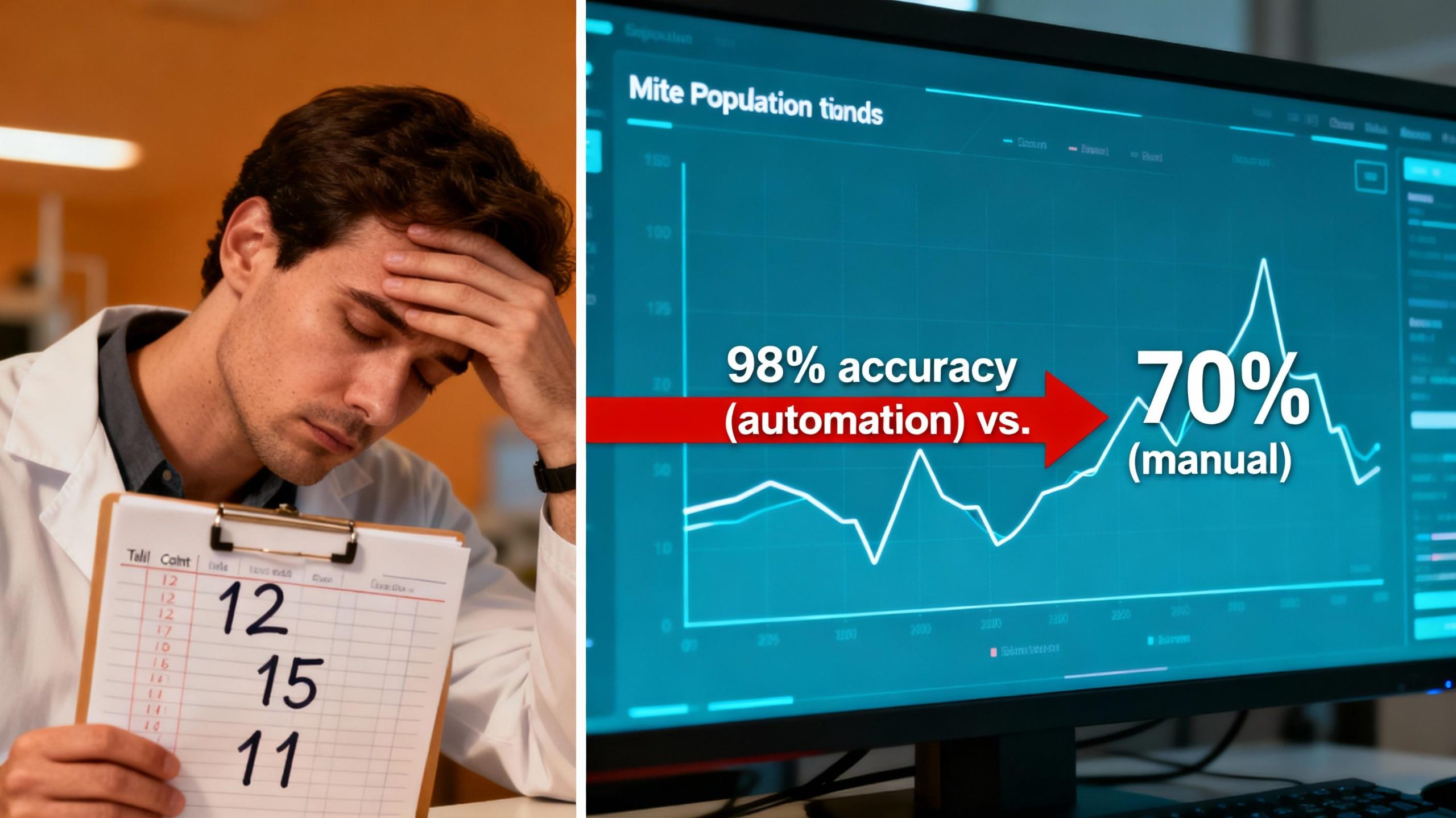 A side-by-side comparison infographic: left, a tired researcher with a tally sheet showing inconsistent mite counts; right, a digital dashboard with clean graphs tracking population trends. A red arrow emphasizes the 98% accuracy of automation against manual's 70% benchmark.