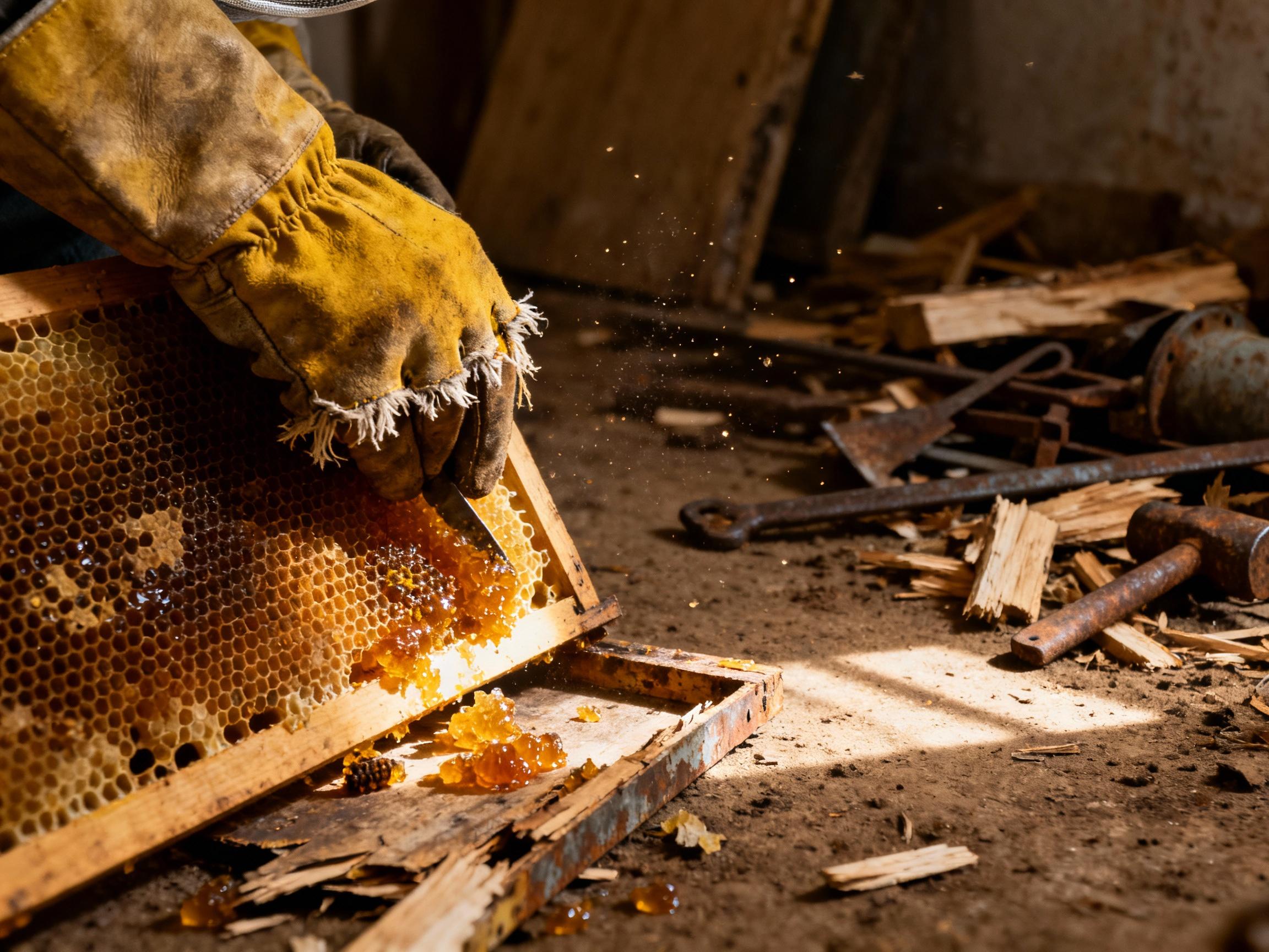 A worn beekeeper’s glove scraping propolis from a splintered hive frame. The dimly lit shed reveals discarded wood shavings and rusty tools, contrasting with the vibrant resin. The scene underscores inefficiency and environmental neglect in outdated methods.