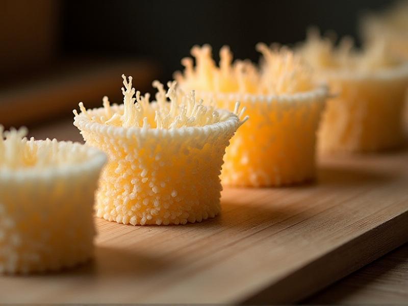 A time-lapse sequence of mycelium growing within a hexagonal mold, transitioning from a loose substrate to a dense, creamy-white block. Warm ambient light illuminates the workshop tools and organic textures, emphasizing the hands-on process of biofabrication.