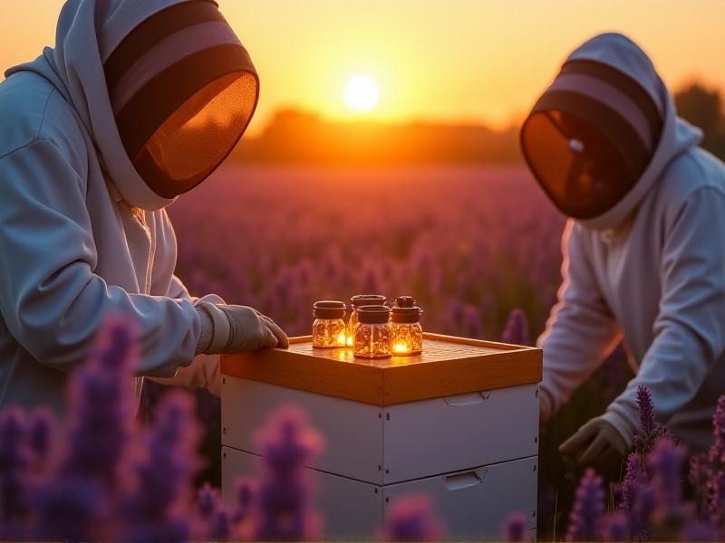 Beekeepers in protective gear installing a remote queen release module onto a Langstroth hive amidst blooming lavender fields. Wide-angle lens capturing golden sunrise, hexagonal LED indicators glowing on the device, and bees hovering nearby. Cinematic composition with shallow depth of field.
