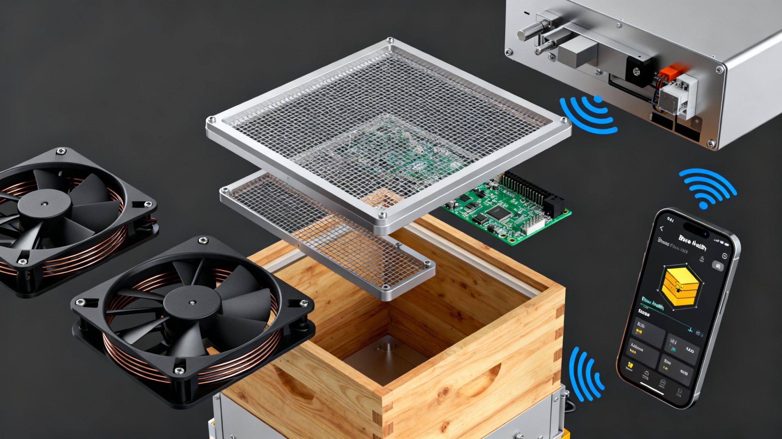 An exploded technical diagram showing parts of an automated hive system: brushless fans, mesh filters, a microcontroller board, and a smartphone displaying a hive health dashboard. Metallic and plastic textures contrast with natural wood surfaces. Blue connectivity waves symbolize Bluetooth/Wi-Fi integration.