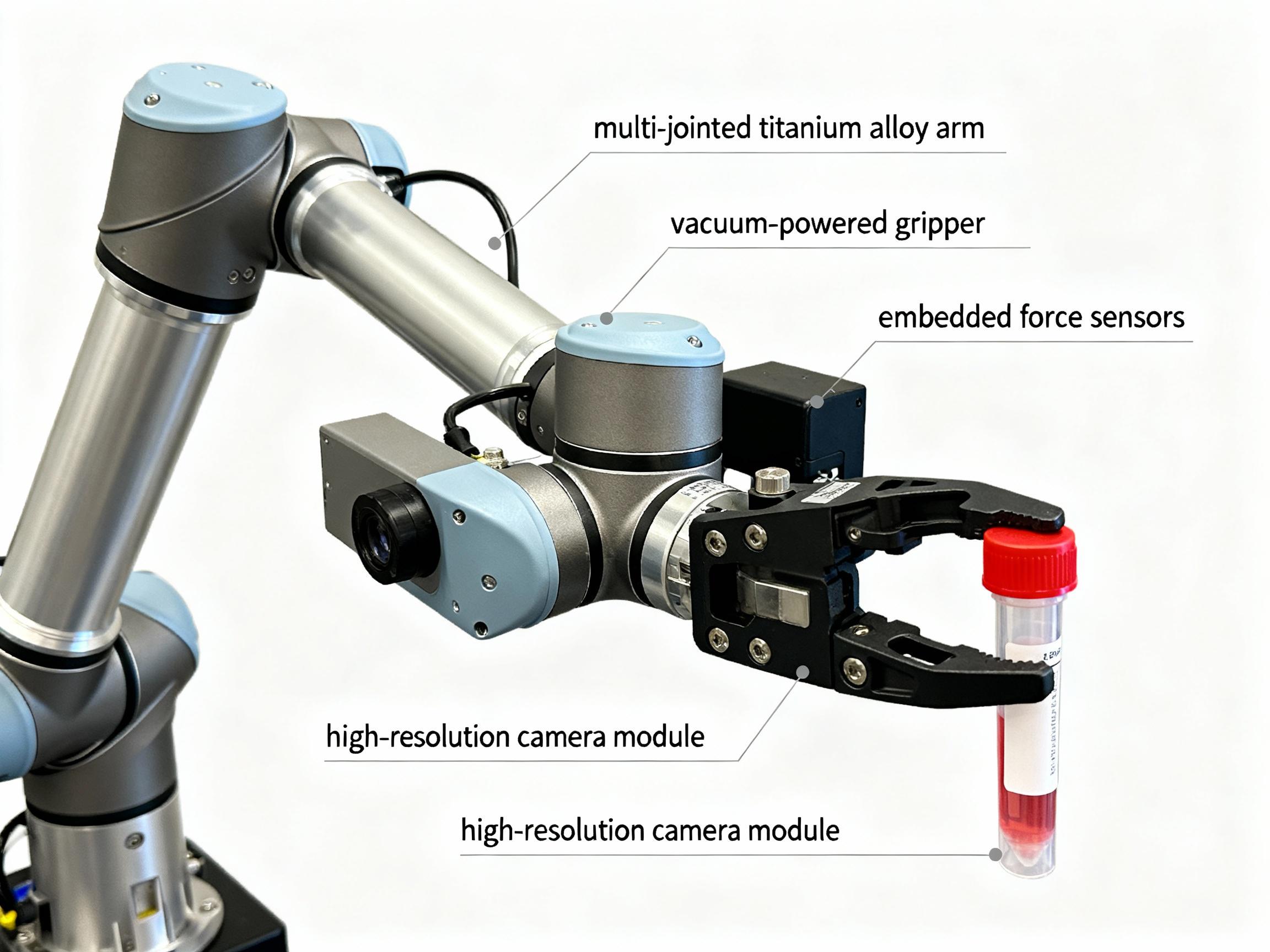 A close-up of a robotic uncapping arm with labeled parts: multi-jointed titanium alloy arm, vacuum-powered gripper, embedded force sensors, and a high-resolution camera module. The gripper is delicately holding a plastic specimen tube capped with a red lid. Soft diffused lighting emphasizes technical details.