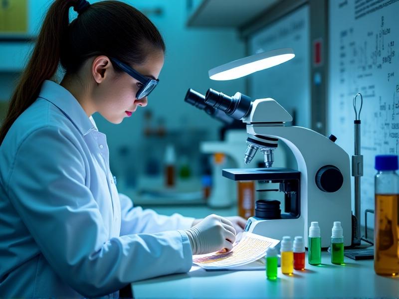 A laboratory scientist in a white coat examines pesticide test strips under a magnifying glass. The workspace includes microscopes, vials of green and amber liquids, and a chart showing chemical structures. Cool-toned LED lighting emphasizes precision, innovation, and scientific rigor in food safety research.