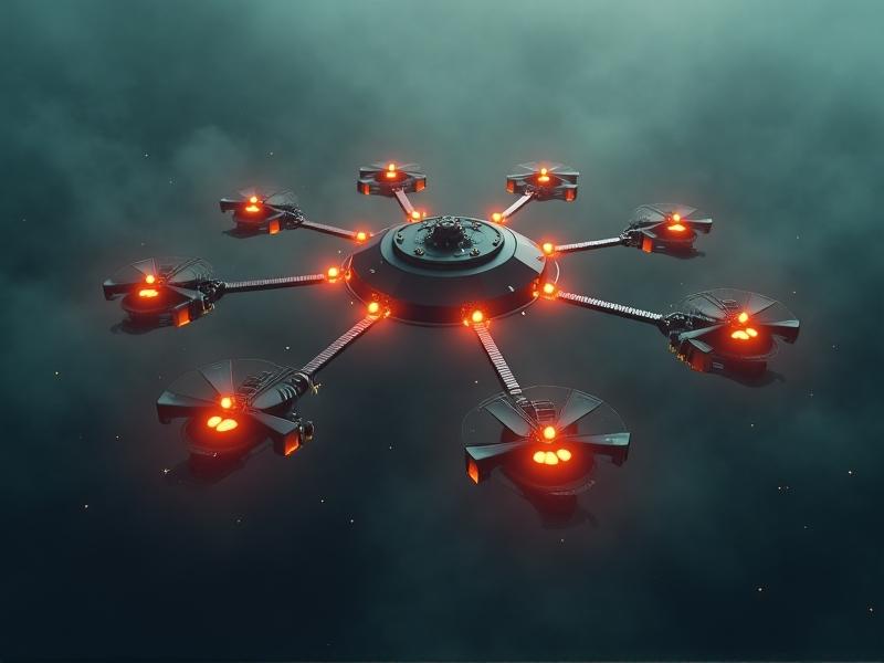 A 3D rendering of a sensor swarm dynamically adjusting its formation in a smoke-filled disaster zone. Drones equipped with acoustic emitters hover in a hexagonal pattern, glowing lines connecting their movement paths. The atmosphere is tense, with dim ambient light and particles floating in the air, emphasizing urgency and technological coordination.