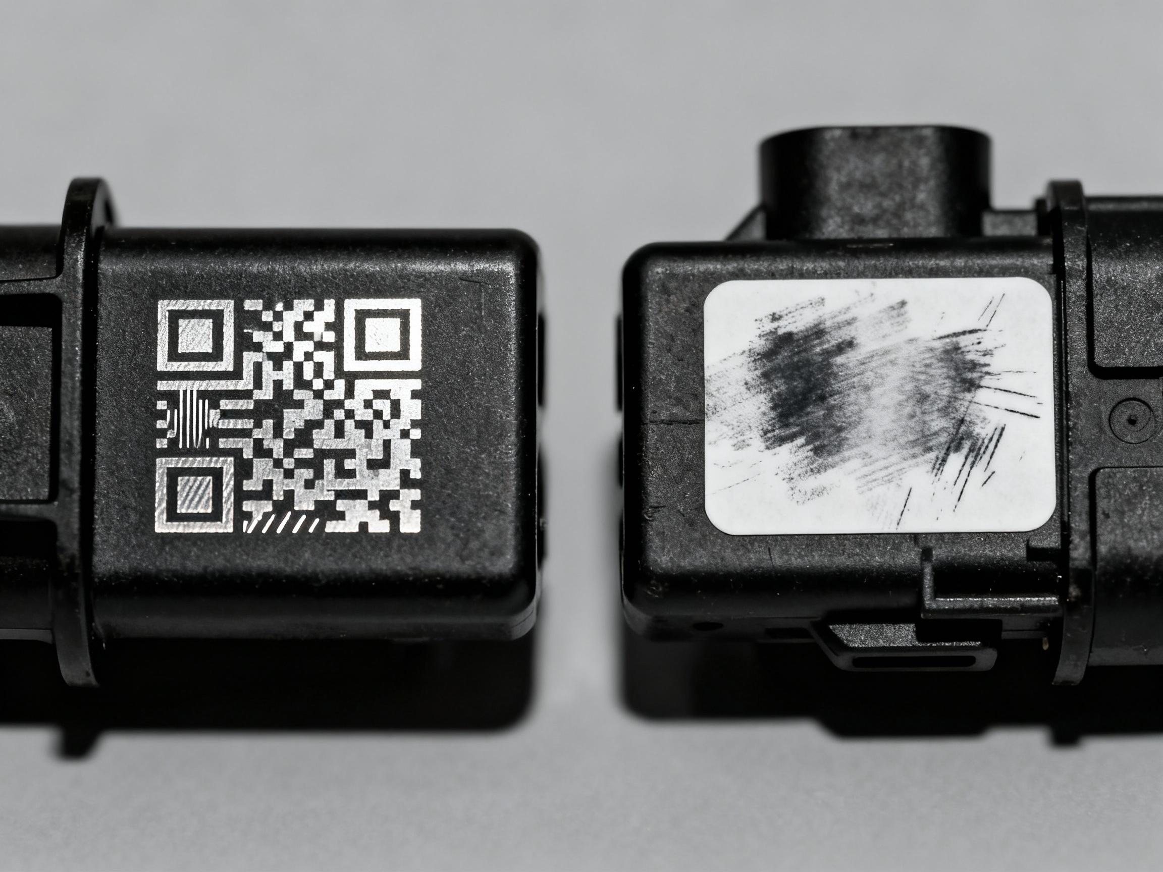 Side-by-side comparison showing a laser-marked QR code on an automotive part and a smudged inkjet label on a similar component. The laser-etched code appears sharp under angled lighting, while the inkjet sample shows fading and scratches.