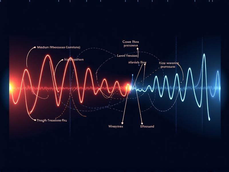 A scientific diagram showing sound waves traveling through a medium with varying pressure zones. Curved lines represent wavefronts distorted by high and low-pressure regions, colored in gradients from red (high pressure) to blue (low pressure). Annotations highlight phase shifts and wavelength changes, set against a dark background with a technical, vector-art style.