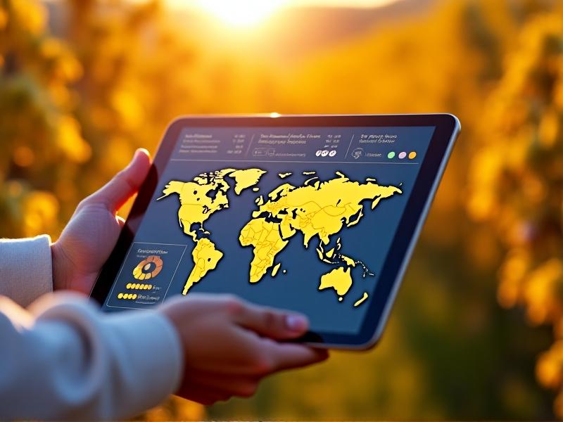 A futuristic digital dashboard displaying nectar flow predictions through interactive maps and real-time data analytics, presented on a tablet in a beekeeper's hand amidst a sunny apiary. The interface features gradient color maps, graphs, and honeycomb-themed design elements, blending technology with natural aesthetics.