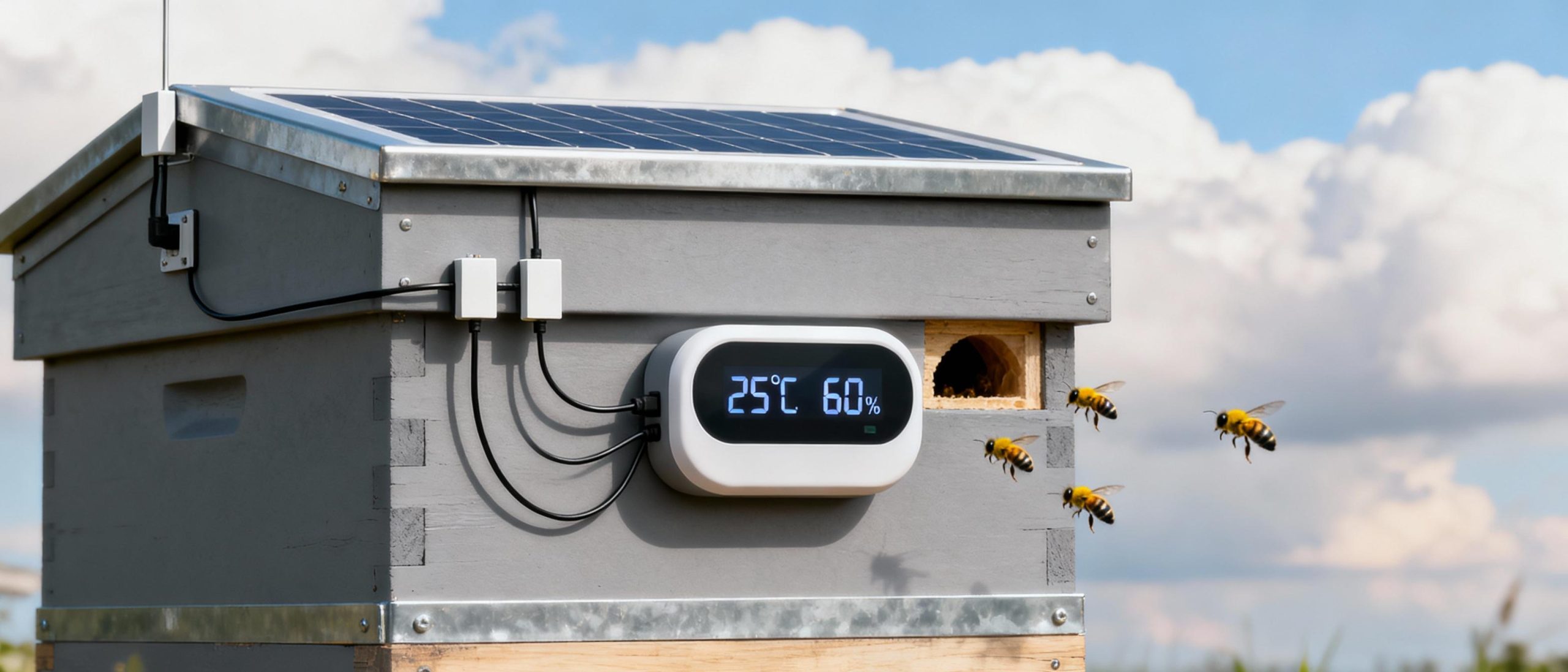 A modern beehive with attached IoT sensors measuring temperature and humidity. Wires connect to a solar-powered control box with a digital screen displaying real-time data. The background shows a partially cloudy sky, suggesting outdoor reliability. Bees hover near the hive entrance, undisturbed by the technology.