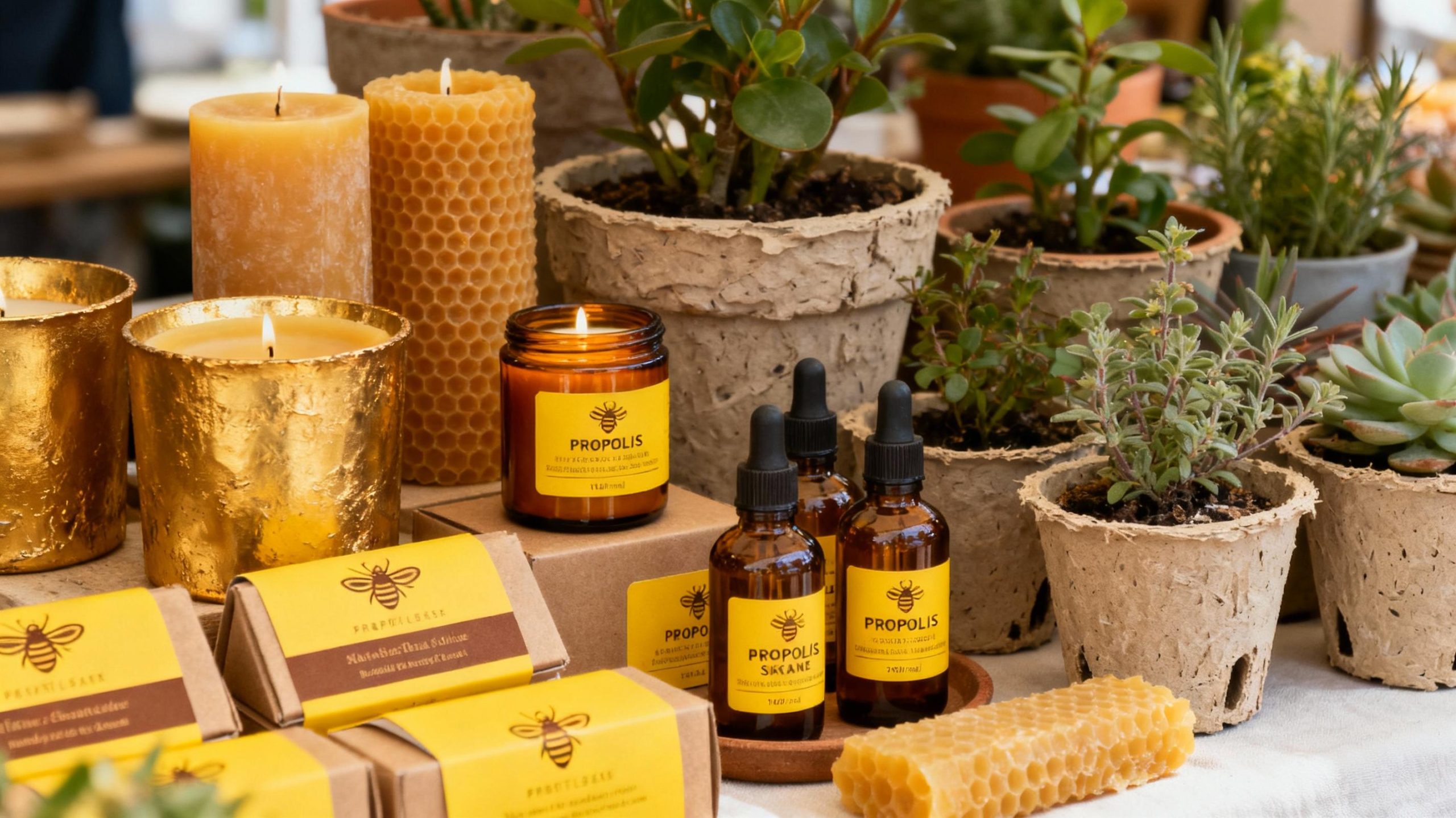 An artisanal marketplace display featuring candles made from golden upcycled beeswax next to amber-hued propolis skincare bottles and textured biodegradable planters. Earthy natural composition with soft daylight and vibrant pops of yellow and brown packaging labels.