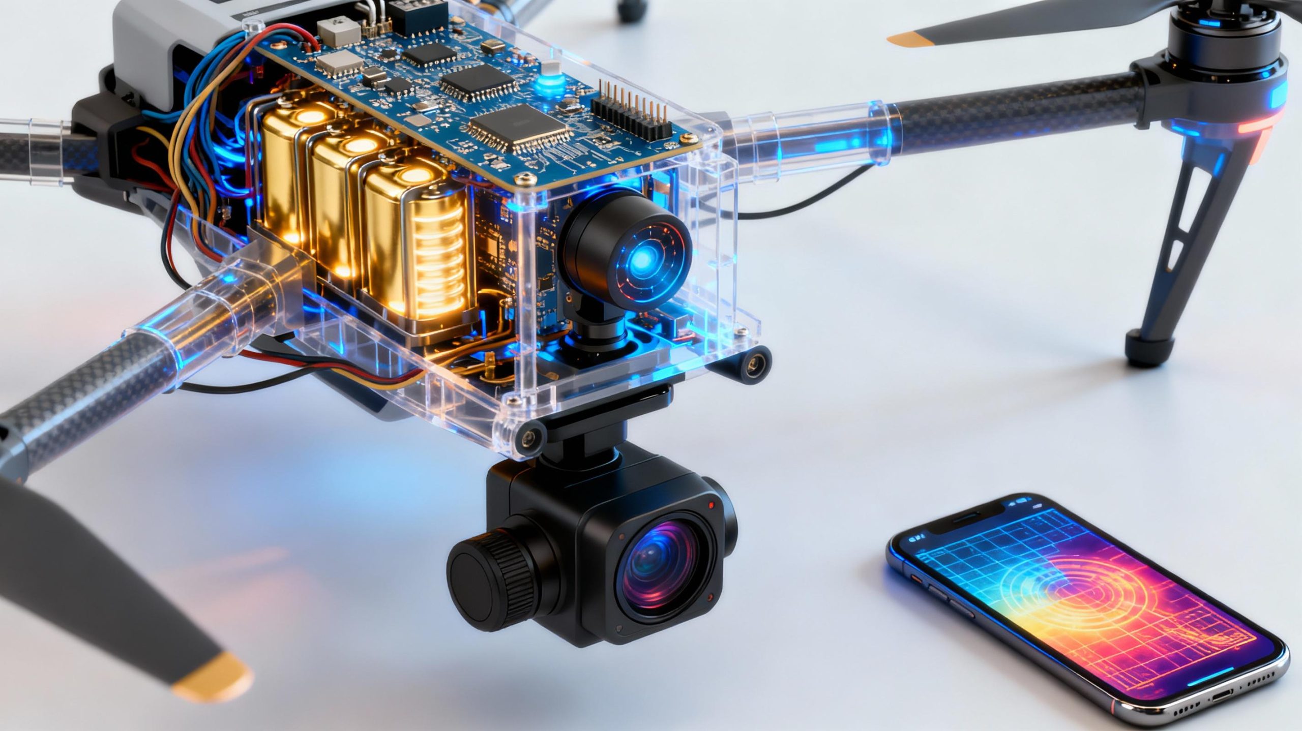 A transparent view of a drone's internal components reveals a complex network of circuit boards, glowing battery cells, and a rotating LIDAR sensor. A thermal imaging camera lens is mounted on the front, displaying a heat map overlay on a smartphone screen. Wires and microchips shimmer in metallic blues and golds, showcasing advanced engineering.