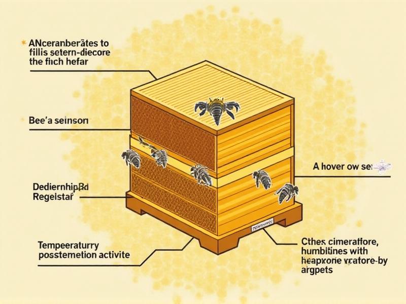 Illustrated cross-section of a beehive showing internal sensors monitoring temperature, humidity, and bee activity, technical diagram style with labels and a honeycomb background.