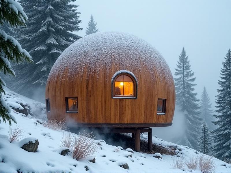 A geodesic hive anchored on a rocky hillside during a snowstorm. Frost clings to its hexagonal cedar panels, while steam rises from a geothermal heating coil at the base. Pine trees bow under heavy snowfall in the background, emphasizing the hive’s endurance in harsh conditions.