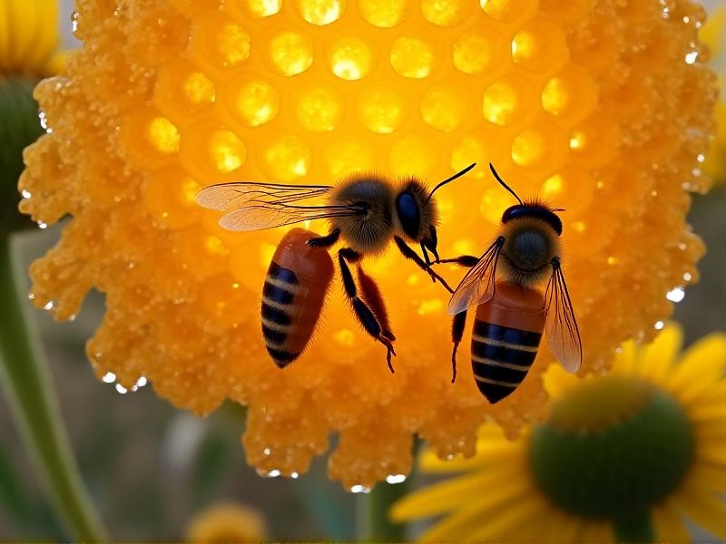 Vibrant honeycomb glistening with fresh nectar, healthy worker bees with visible pollen sacs tending to plump larvae. Morning dew on wildflowers in foreground, shallow depth of field. Keywords: sustainable beekeeping, thriving ecosystem
