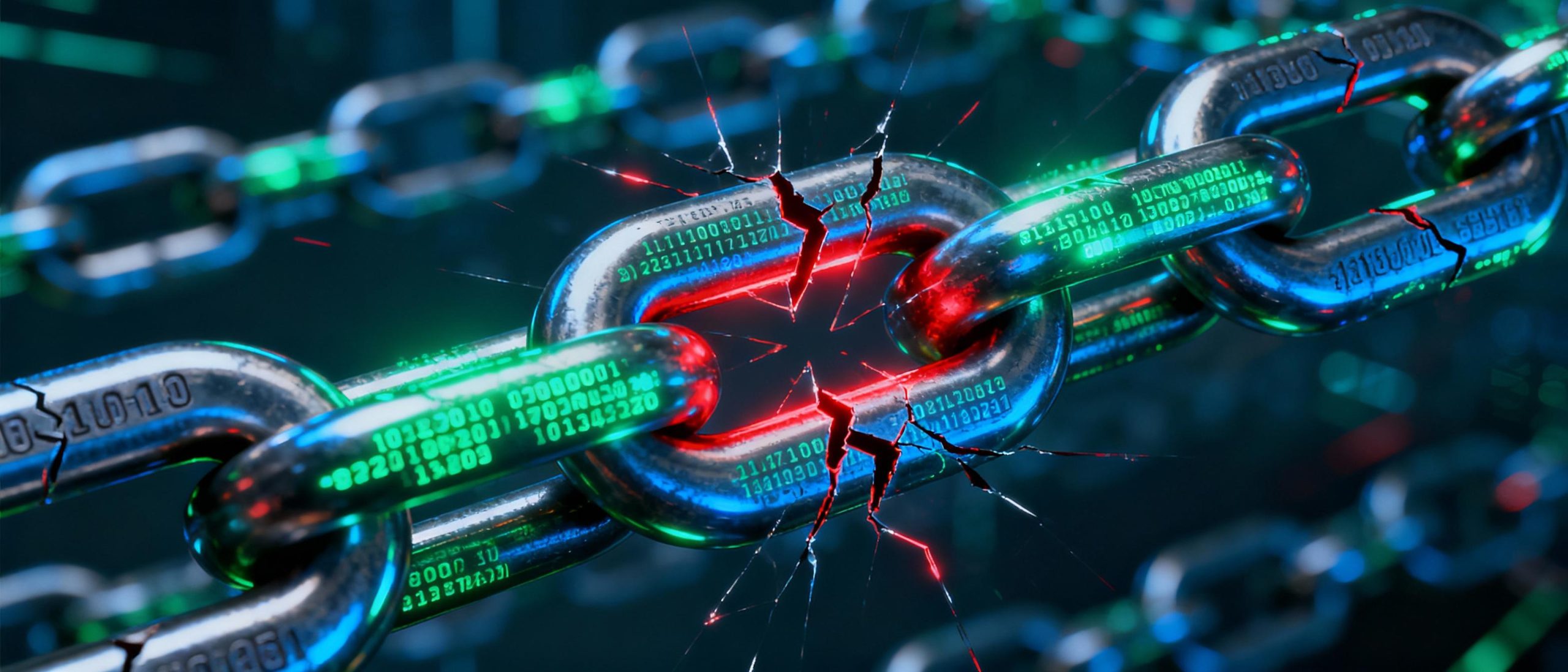 A conceptual image of a blockchain structure made from glowing steel chains, each link engraved with encrypted data. Cool metallic blues and greens dominate, with fractures of red light symbolizing attempted breaches repelled by the structure’s integrity.