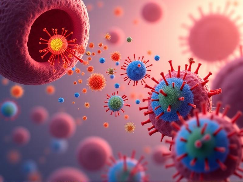A detailed close-up illustration of human cells releasing colorful VOC molecules into a bloodstream. Red and orange particles represent inflammation markers, blue particles indicate metabolic byproducts, and green symbols denote pathogen-associated compounds. The background features abstract molecular structures in soft gradients, blending biology and chemistry visually.