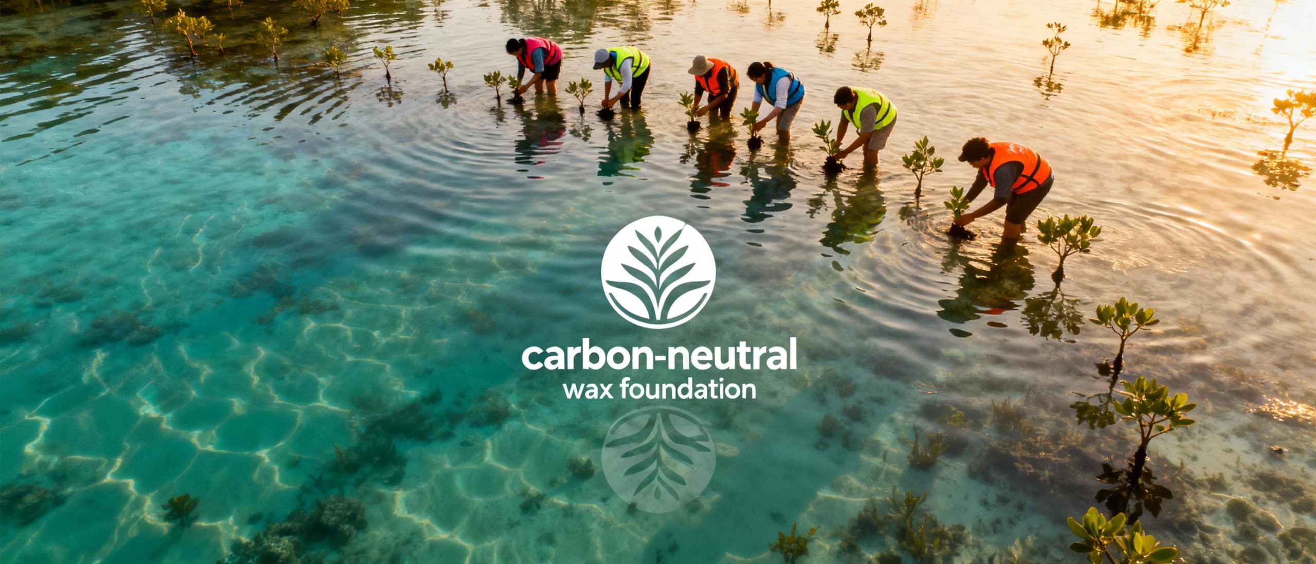 Aerial view of volunteers planting mangrove saplings in coastal shallows at golden hour, with rippling turquoise water reflecting the silhouette of a carbon-neutral wax foundation logo. The image connects reforestation efforts to sustainable beauty supply chains and marine ecosystem preservation.