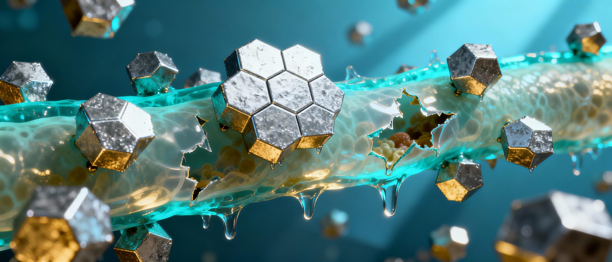 A highly detailed microscope view of hexagonal silver nanoparticles interacting with bacterial cell membranes, rendered in vivid turquoise and gold hues under cool blue laboratory lighting, showcasing particle adhesion and membrane rupture processes.