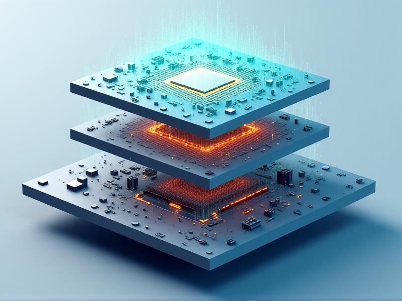 A layered 3D diagram showcasing IoT architecture: bottom layer with hardware sensors, middle layer with glowing network pathways, and top layer with abstract data visualizations. The color palette transitions from metallic grays at the base to electric blues and greens at the top, symbolizing the flow from physical to digital realms.