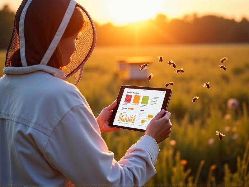 A beekeeper in a protective suit holds a tablet displaying a real-time alert dashboard while standing in a sunlit meadow. Bees hover around open hives in the foreground, with graphs and heatmaps overlay illustrating colony health metrics.