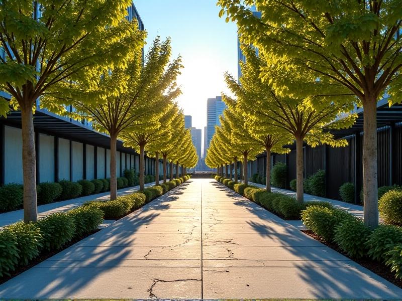 A time-lapse composite of an urban hive transforming a city block. On the left, cracked asphalt and wilting trees under harsh sunlight transition to a right panel showing shaded walkways lined with misting pergolas and thriving pocket parks. A digital dashboard overlay displays temperature dropping from 98°F to 79°F. Photorealistic with split-screen contrast and dynamic lighting shifts.