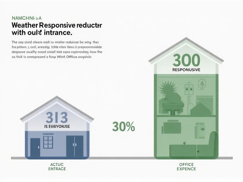 A 3D bar chart comparing energy costs between buildings with static vs. weather-responsive reducers. The responsive system shows a 30% reduction in HVAC expenses. Background includes a split-view infographic of a cozy home interior and a bustling office space, both featuring subtle entrance reducers.