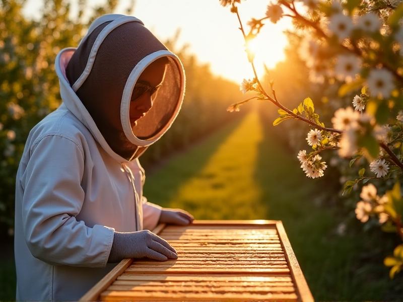 A beekeeper in protective gear inspects a hive surrounded by sunlit apple blossoms. The hive’s frames glisten with fresh honey, while augmented reality glasses overlay nectar flow data onto their field of view, blending traditional practices with cutting-edge tech in a rustic orchard setting.
